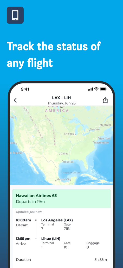 HotelsCombined app interface showing real-time flight tracking status and map.