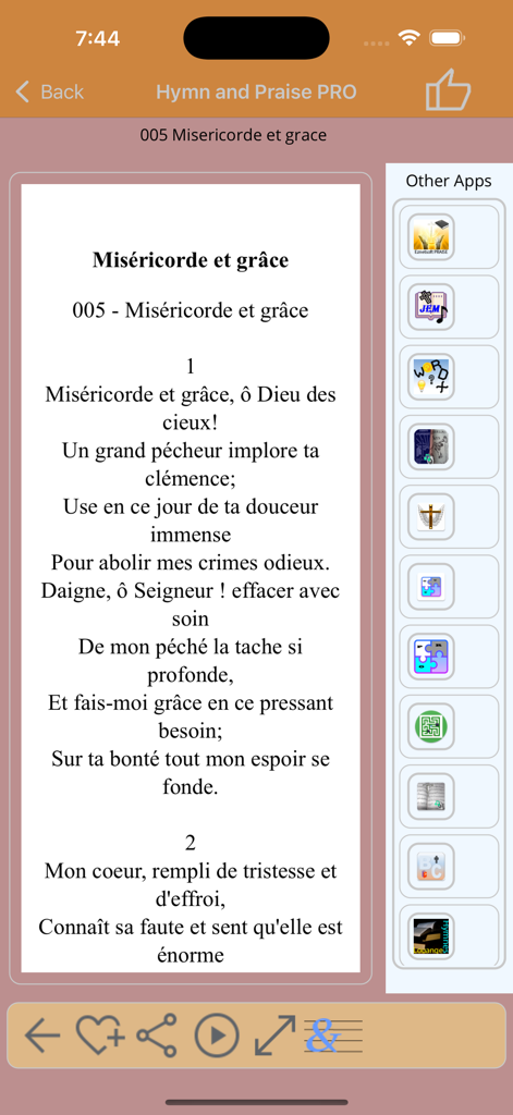 A display of French hymn lyrics with audio and navigation controls in the Hymns and Praise Pro app.