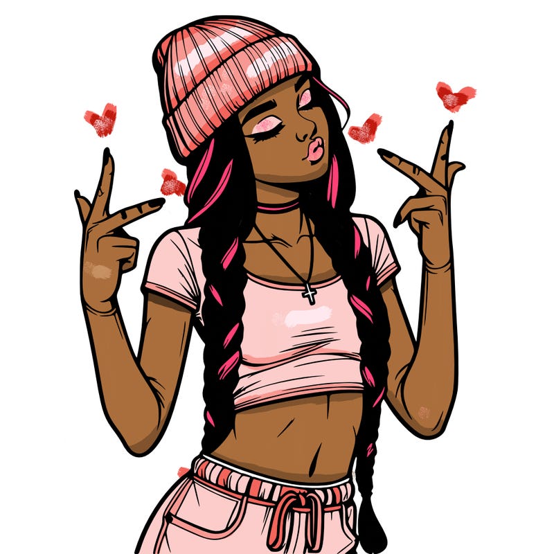 realistic teenage girl with braids and a beanie and crop top doing 🫶🏼