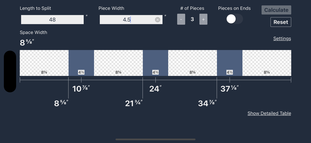 Interface of the Even Spacing Calculator app showing a measurement layout for three pieces across a forty eight inch span