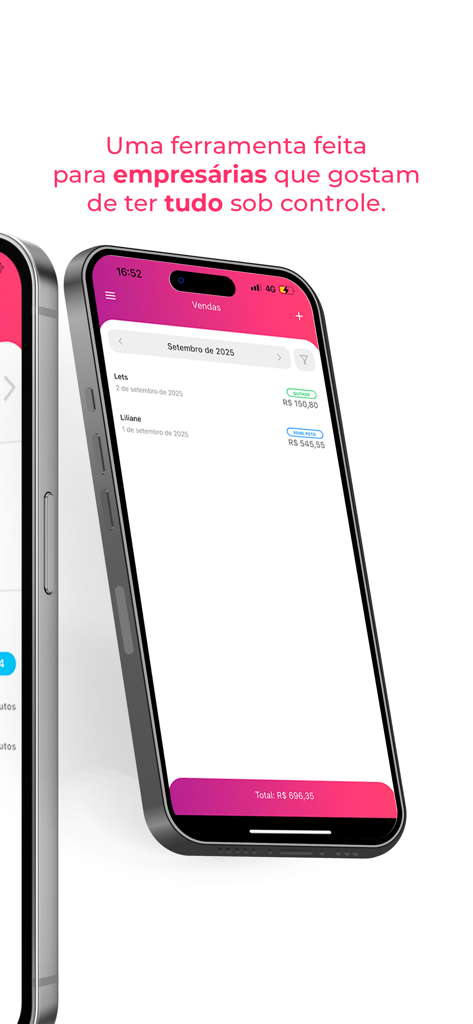 Empresária Online - Interface do aplicativo móvel Empresaria Online mostrando gerenciamento de vendas e acompanhamento do status de pagamento
