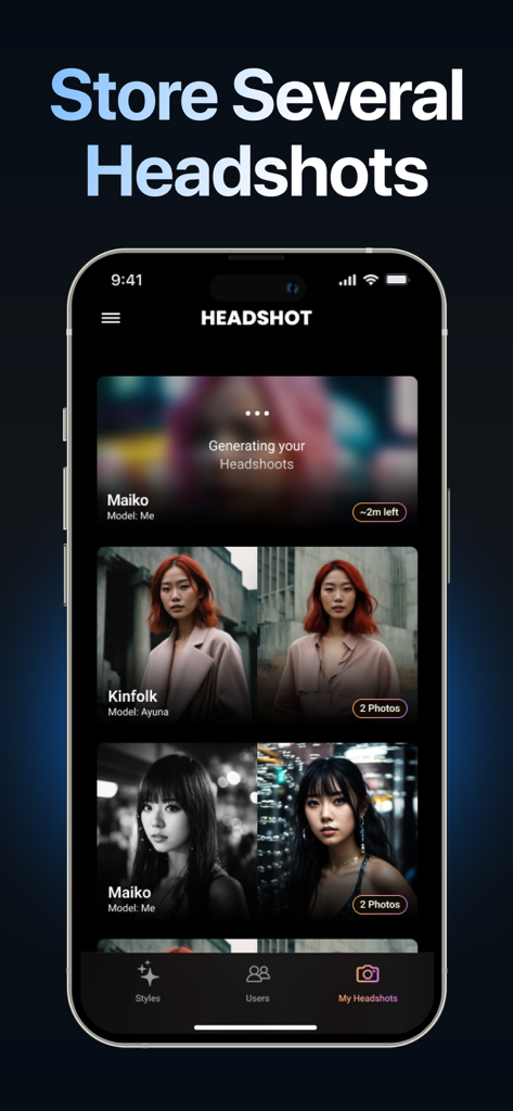 A mobile app screen titled Store Several Headshots showing a gallery of various professional AI generated portraits