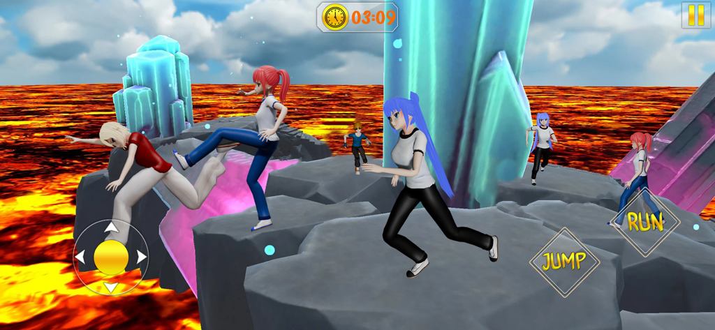 Anime Parkour lava Jump Game - Anime characters jumping across platforms over lava in a parkour game