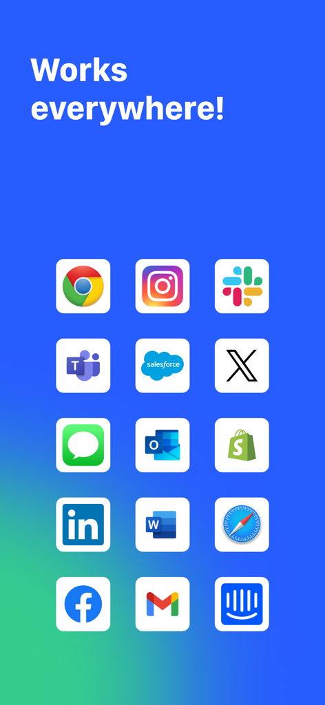 Copied - Auto Paste Keyboard - Una cuadrícula de iconos de aplicaciones populares que incluyen Slack Gmail e Instagram que muestran la compatibilidad con el teclado Copied.