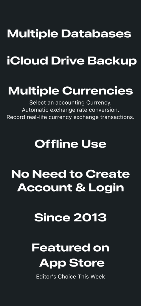 Money Zen: Expense Tracker - A list of key features for the Money Zen app including iCloud backup multiple currencies and no account login required