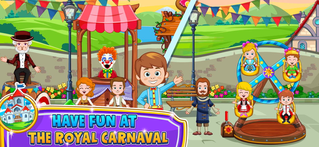 A colorful royal carnival scene with characters and a ferris wheel in the My Little Princess Stores game