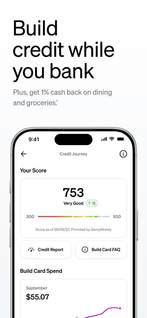 Current - Mobile Banking - Current app interface showing credit score tracking and build credit feature