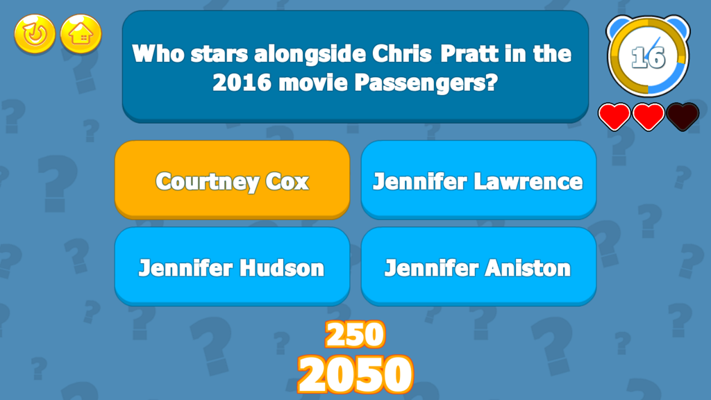 A trivia question screen from The Movie Trivia Challenge asking about the movie Passengers with multiple choice answers.