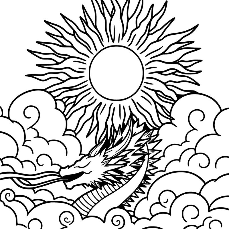 sunrise dragon, sun markings, manga, clouded sky with sun