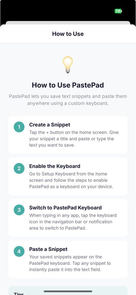 Step by step guide on how to use PastePad Keyboard to create and paste text snippets