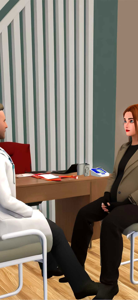 Pregnant Emergency Surgery Sim - Una mujer embarazada sentada en una consulta médica con un doctor en un juego de simulación 3D