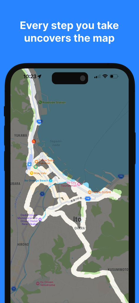 Been To - Track Your Places - A smartphone showing the Been To app with a map where the fog of war is cleared along traveled paths.