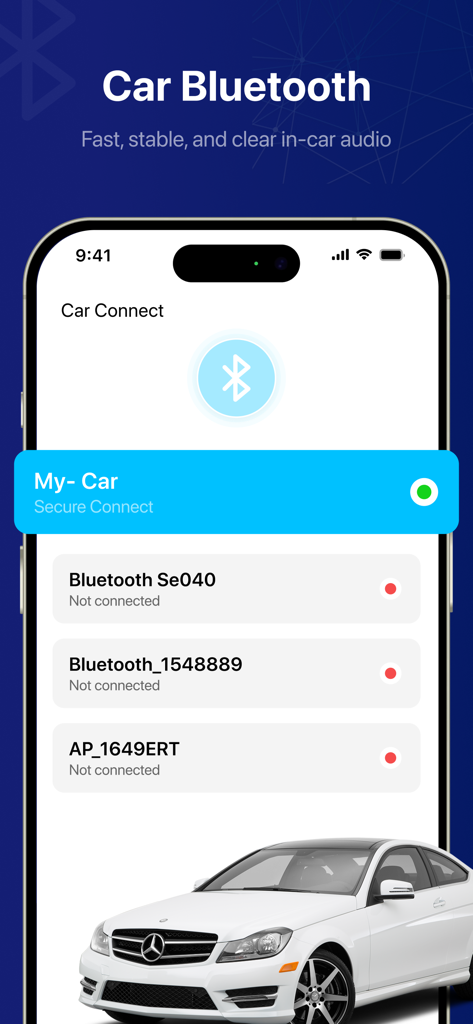 Bluetooth Auto Connect - Bluetooth Auto Connect app interface showing successful car pairing and a list of available devices.