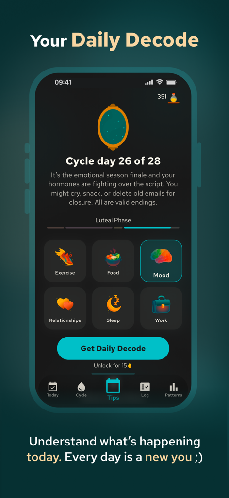 Belle : Period & PMDD Tracker - Belle app dashboard showing daily hormonal insights for cycle day twenty-six during the luteal phase with icons for mood and sleep tracking.