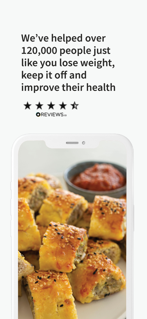 The Fast 800 app screen showing weight loss success for 120,000 people and featuring a healthy mediterranean recipe