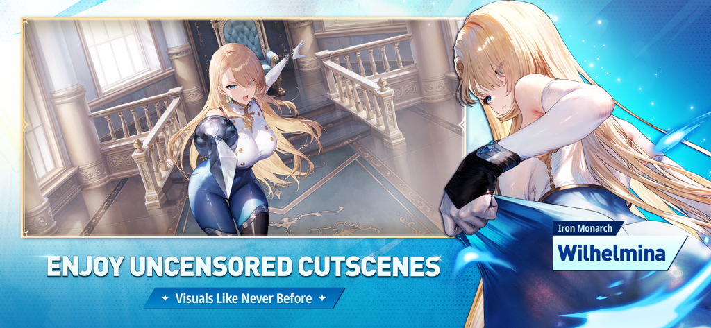 Cinématique anime 2D haut de gamme mettant en scène le personnage Wilhelmina dans BrownDust2