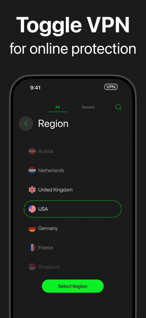 Toggle VPN app interface displaying a list of global server locations with the USA region selected.