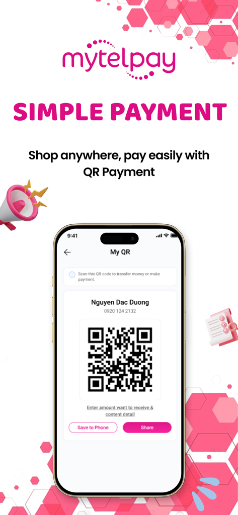 MytelPay V2 app screenshot showing the personal QR code screen for simple and secure mobile payments