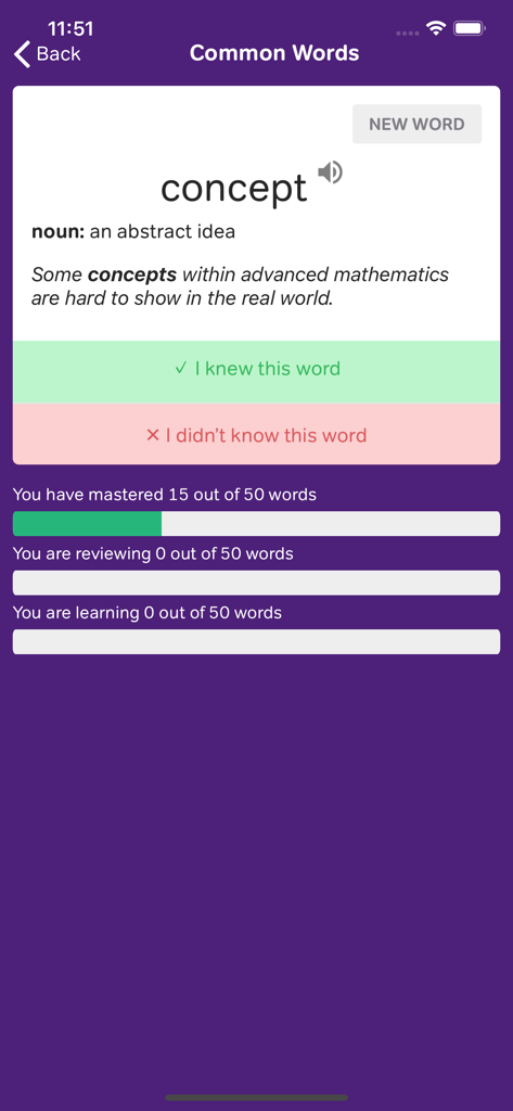 Interface of the Magoosh IELTS Vocabulary Flashcards app showing a card for the word concept with definition and progress tracking