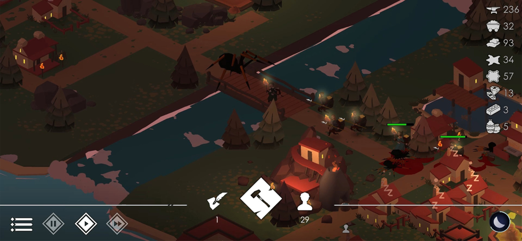 The Bonfire 2 Uncharted Shores - Warriors defending a settlement from a giant spider at night in The Bonfire 2 Uncharted Shores