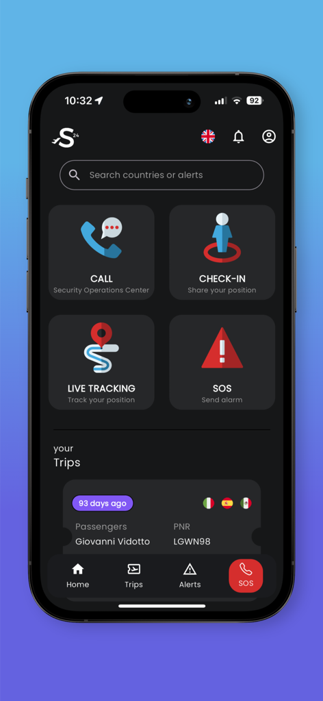 Sectra24 - Dashboard della home page dell'app Sectra24 con strumenti di sicurezza di viaggio come SOS, tracciamento live e riquadri di check-in.