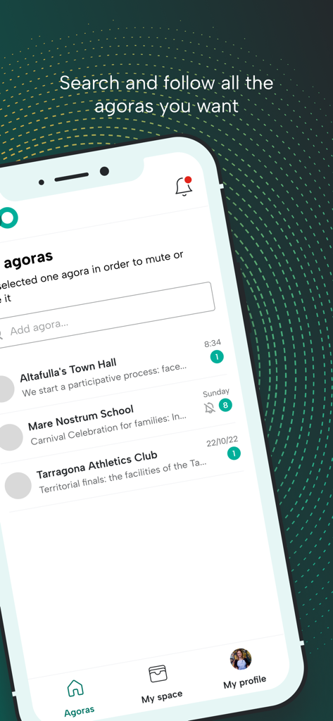 eAgora - A mobile interface showing a list of local communities to search and follow on the eAgora app