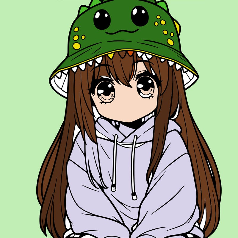 girl with anime shaped eyes with a dinosaur bucket hat oversized sweatshirt long straight hair