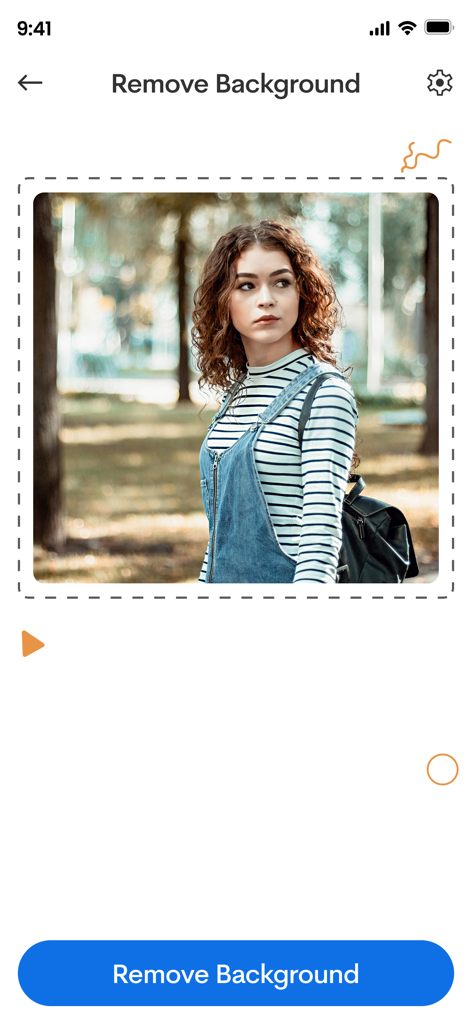 Mobile app screen showing a portrait photo of a woman with a large blue Remove Background button