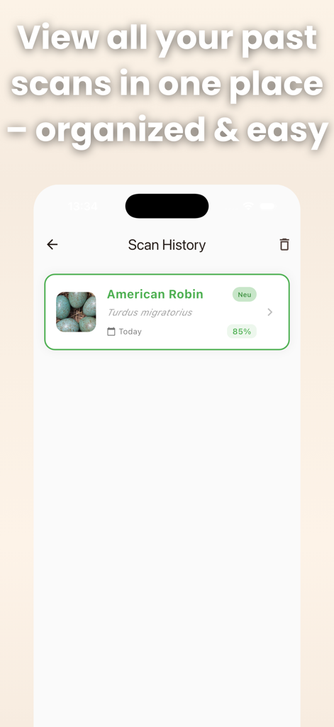 Bird Egg Identifier: AI Scan - Bird Egg Identifier app screen displaying a list of saved scan results including an American Robin entry