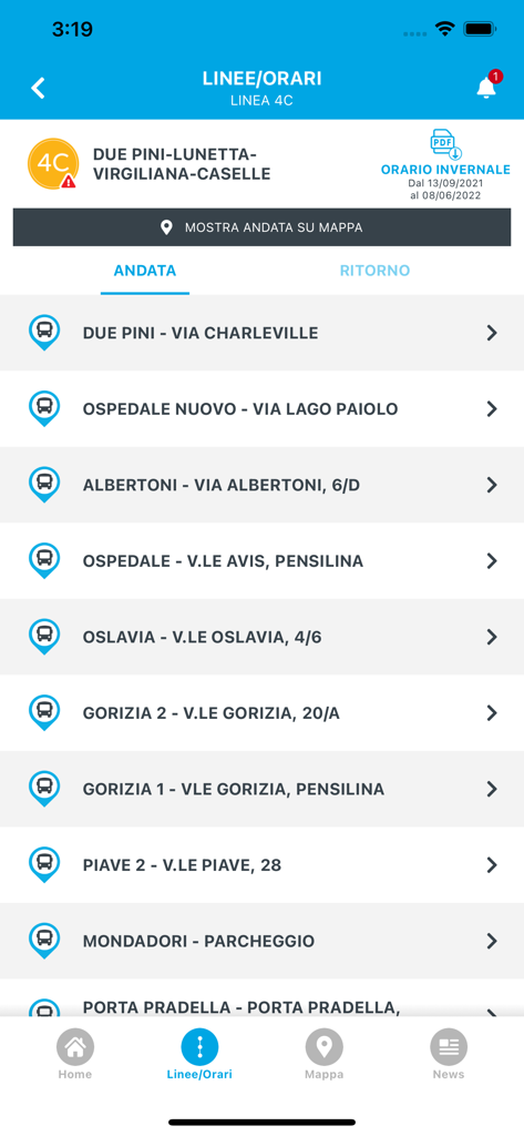 APAM mobile+ - Schermata dell'app APAM mobile che mostra le fermate degli autobus e gli orari per la linea 4C a Mantova