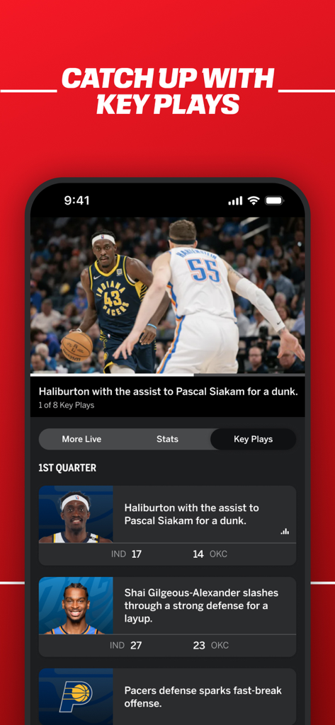 ESPN app interface showing NBA game key plays and video highlights