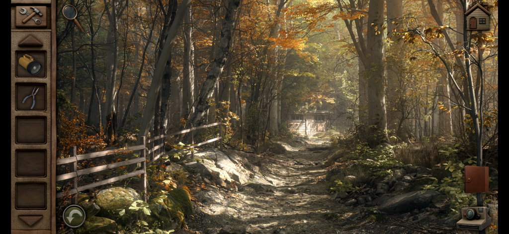 Aurora Hills: Chapter 1 - A point and click adventure game screen showing a dirt path leading to a wooden cabin in an autumn forest