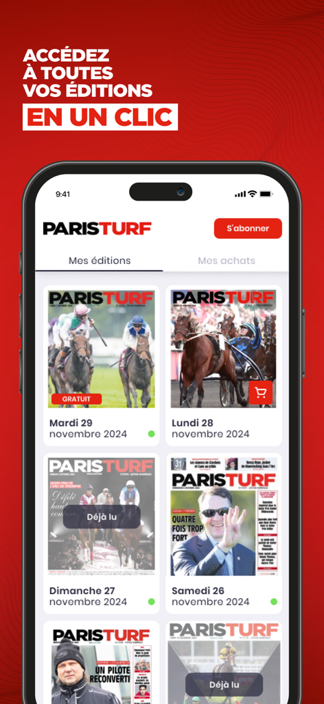 Chiosco digitale nell'app Paris Turf che mostra le edizioni giornaliere del quotidiano di corse di cavalli.