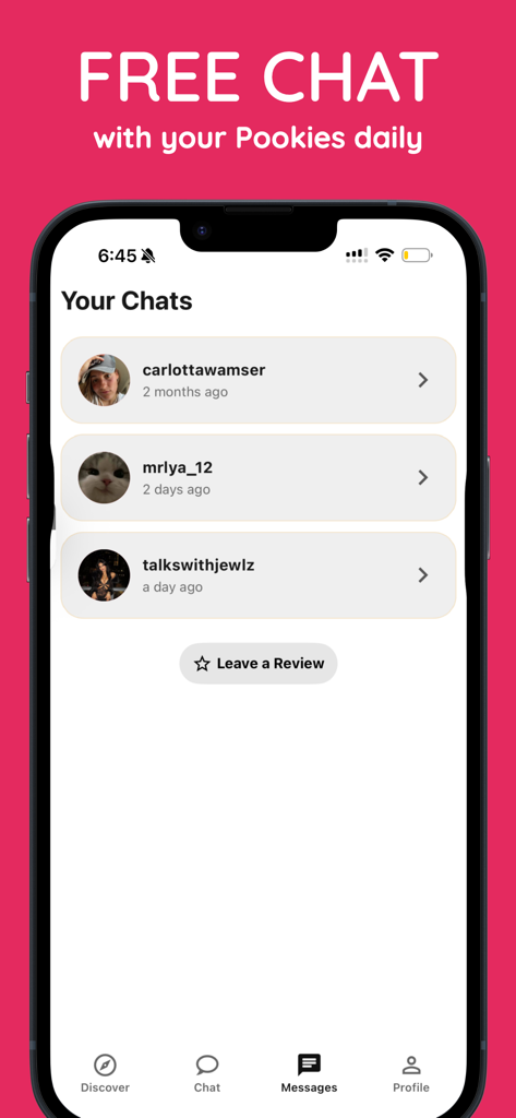 Pookie: Be friends anonymously - The chat messages interface of the Pookie app showing a list of conversations with anonymous friends