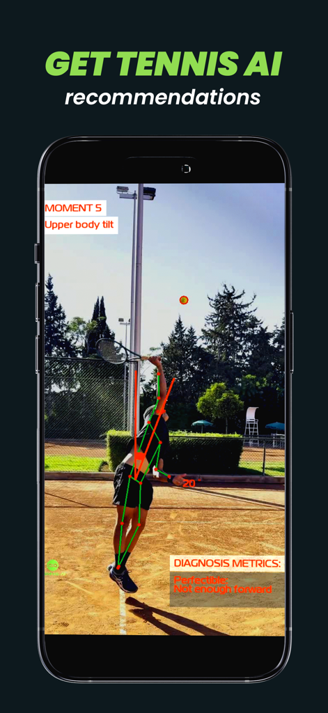 Tennis AI app analyzing a tennis serve with skeletal tracking and posture recommendations.