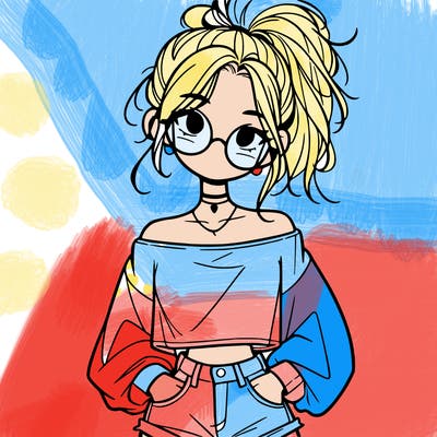 girl with a messy ponytail glasses a baggy crop top and jean shorts