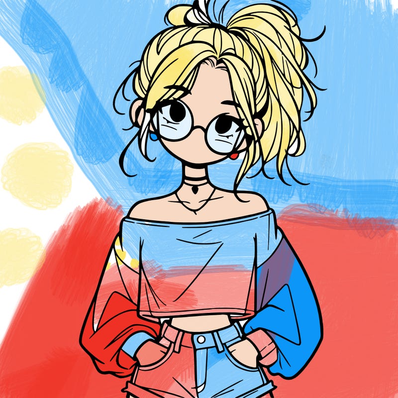 girl with a messy ponytail glasses a baggy crop top and jean shorts