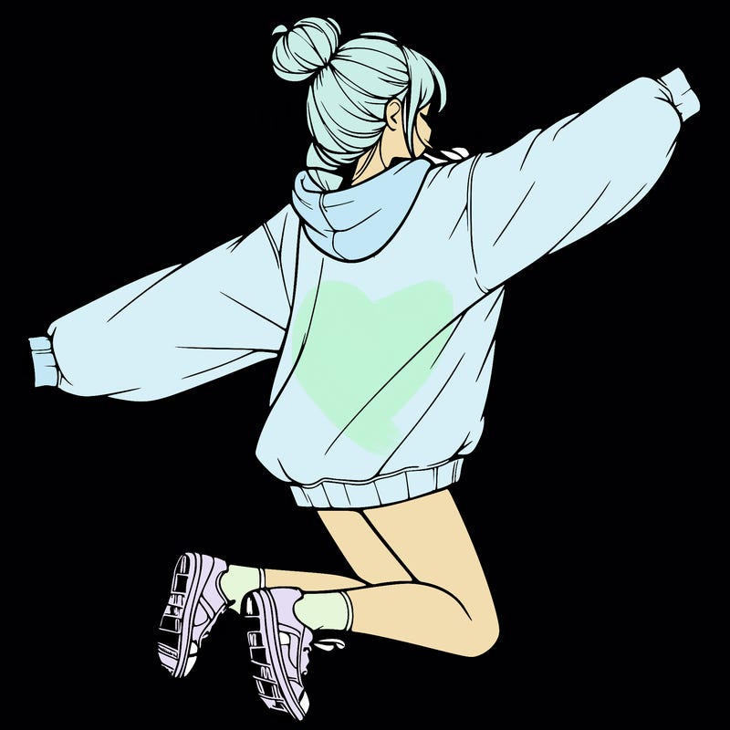 realistic girl jumping with a bun and oversized sweatshirt