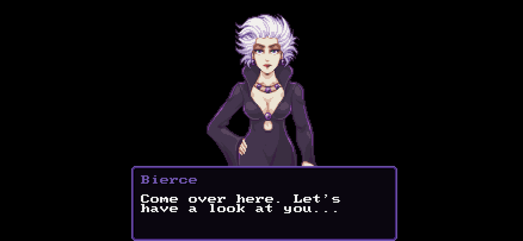 Super Dark Deception - Personagem em pixel art Bierce falando em uma caixa de diálogo em Super Dark Deception