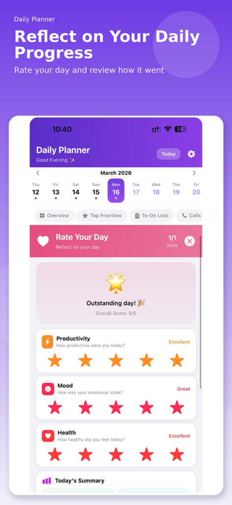 Daily Planner - My Day - Daily Planner app reflection screen for rating daily productivity mood and health