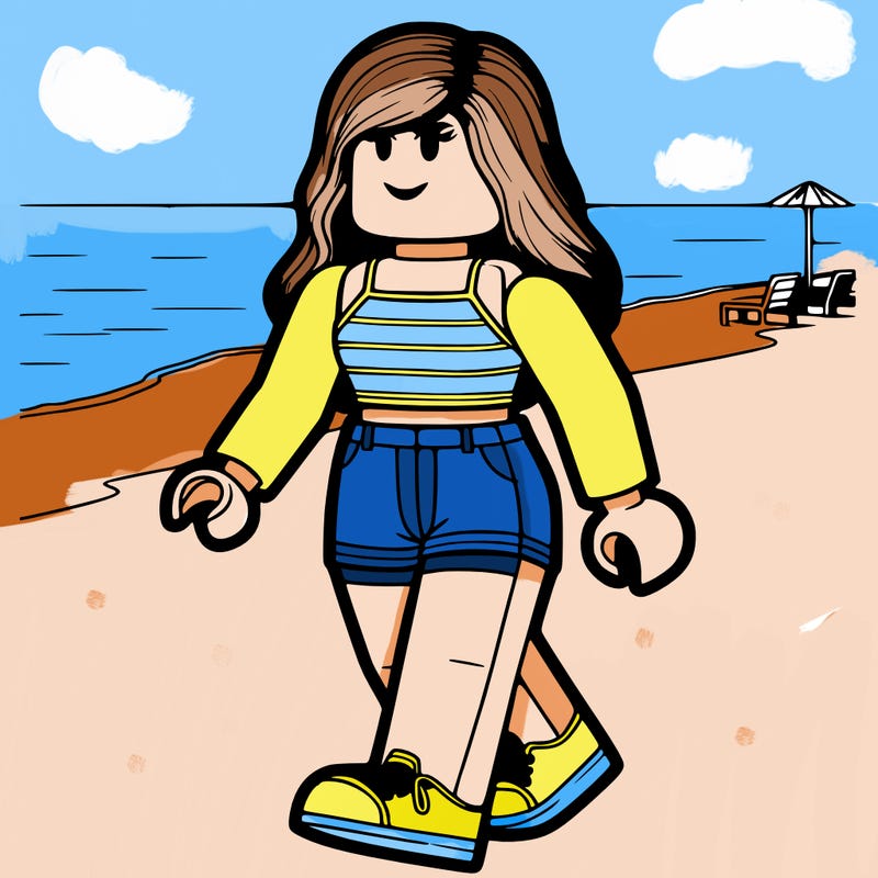 roblox girl  with beach background  realistic