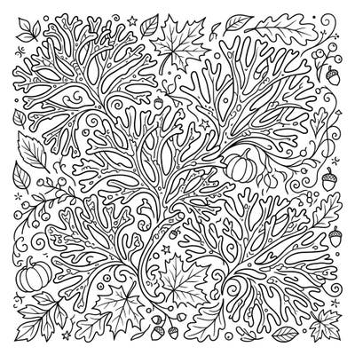 Discover a fascinating blend of marine wonder and autumnal charm with this unique coralline algae coloring page. It features intricate patterns interwoven with classic fall elements like leaves, pumpkins, and acorns, offering a captivating challenge for all ages.