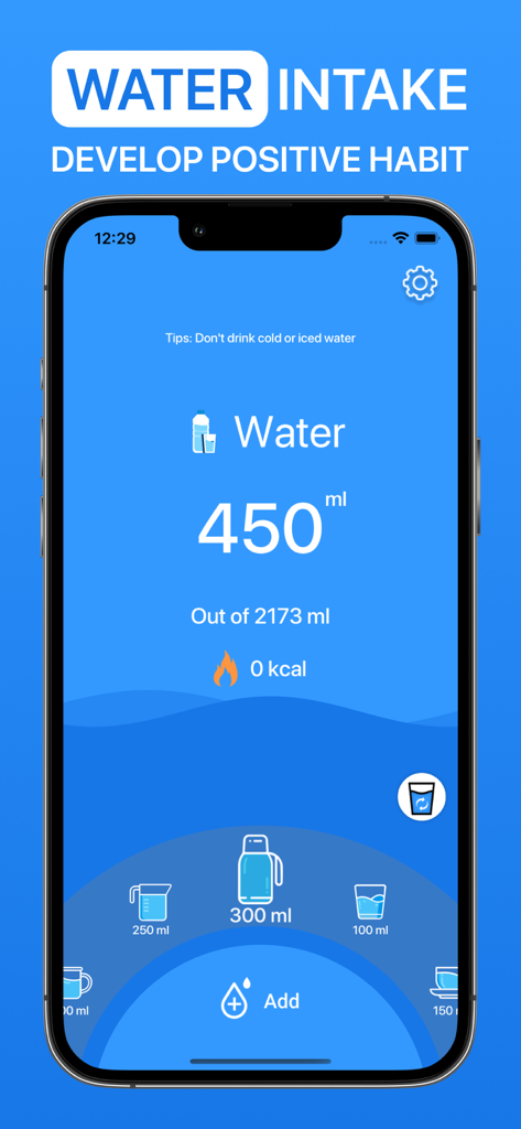 Water Now: Daily Drink Tracker - Water Now app on iPhone showing daily hydration progress and various drink sizes