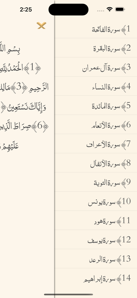 Quran | القرآن الكريم - List of Quran chapters in Arabic on a minimalist app interface