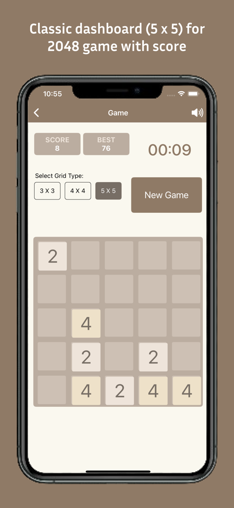 Una cuadrícula de 5x5 del juego de rompecabezas 2048 con una interfaz minimalista mostrando puntuaciones y fichas numéricas.