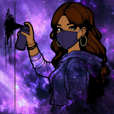 realistic girl with mask spray painting a wall