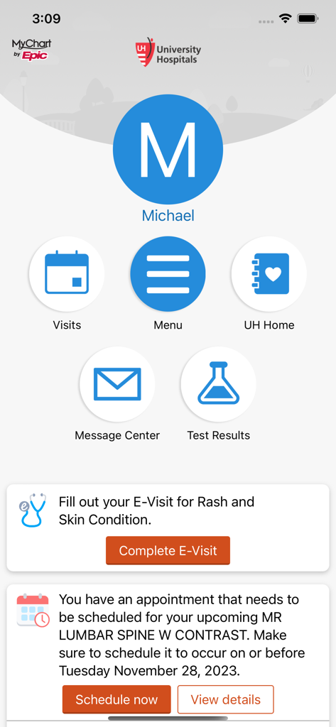UH MyChart - UH MyChart app home screen showing patient shortcuts for visits, messages, and test results.