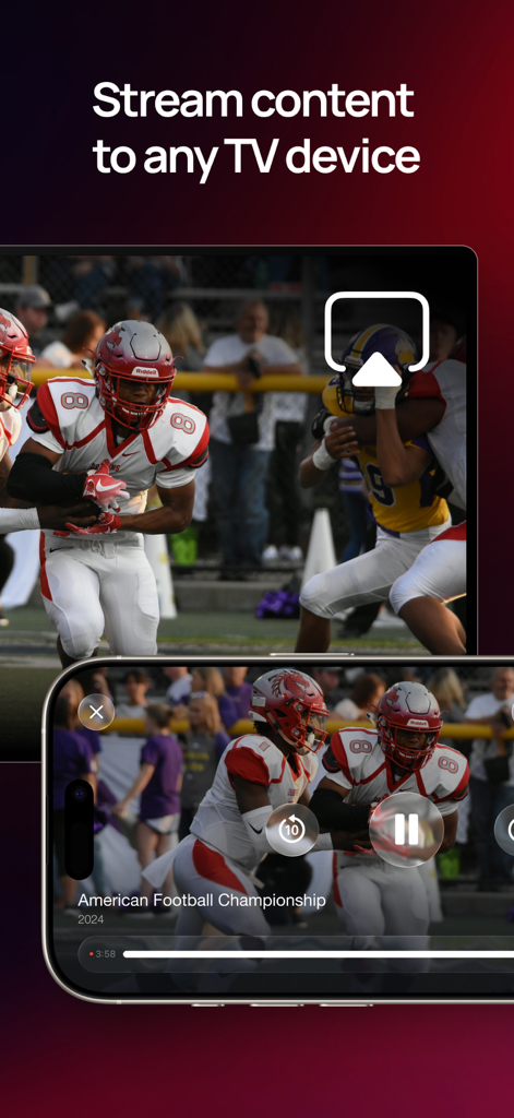 IPTV Plus - IPTV Plus app interface showing live American Football playback and streaming to TV feature