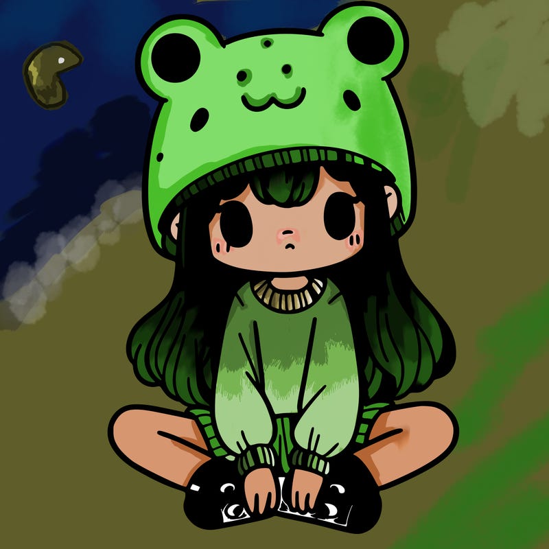 a girl wearing a frog hat and some frog socks