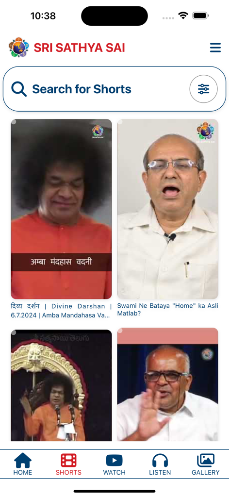 Prasanthi Connect - Shorts section of the Prasanthi Connect app showing a grid of spiritual videos featuring Sri Sathya Sai Baba.